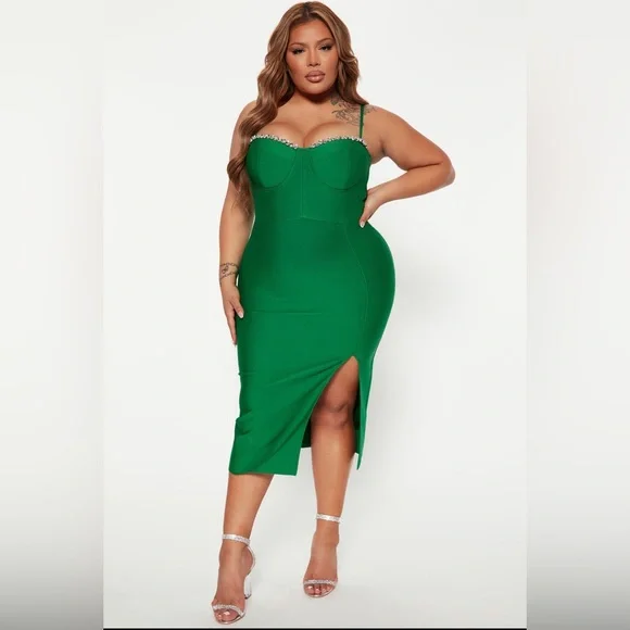 green bandage midi dress STRAPLESS BANDAGE MIDI DRESS IN GREEN – sis label main image 1
